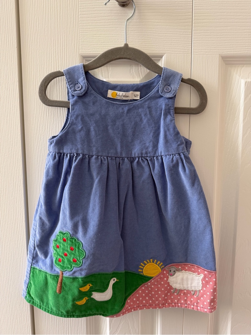 Baby Boden Blue Corduroy Kids Dress with Farm Motif